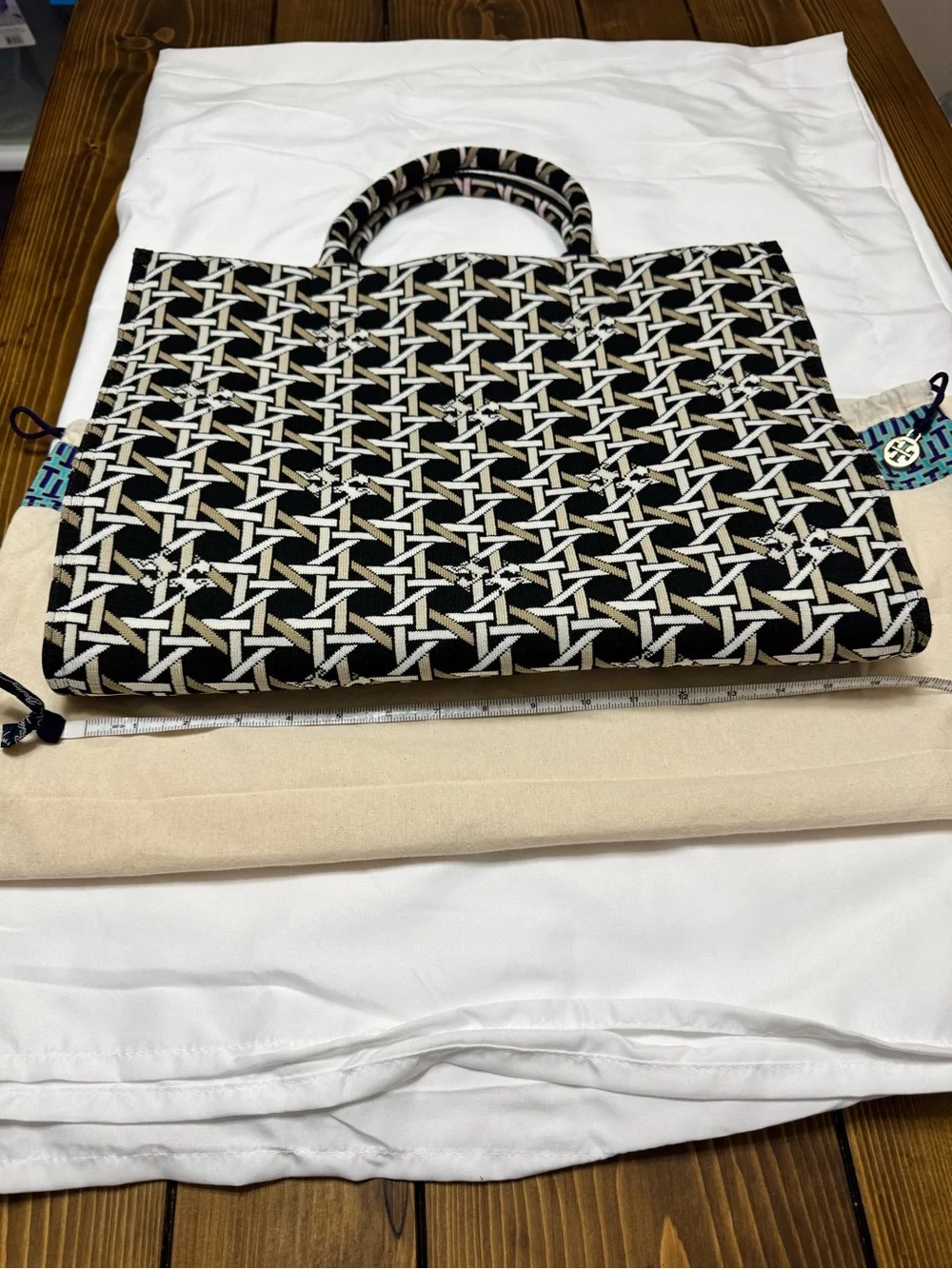 Tory Burch Black, White & Tan Patterned Tote